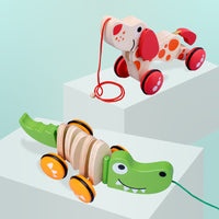 Wooden Animal Puppy Crocodile Trailer Children's Cartoon Parent-child Toddler Car Baby 3-6 Years Old Educational Toys