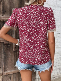 Full Size Printed V-Neck Short Sleeve Blouse